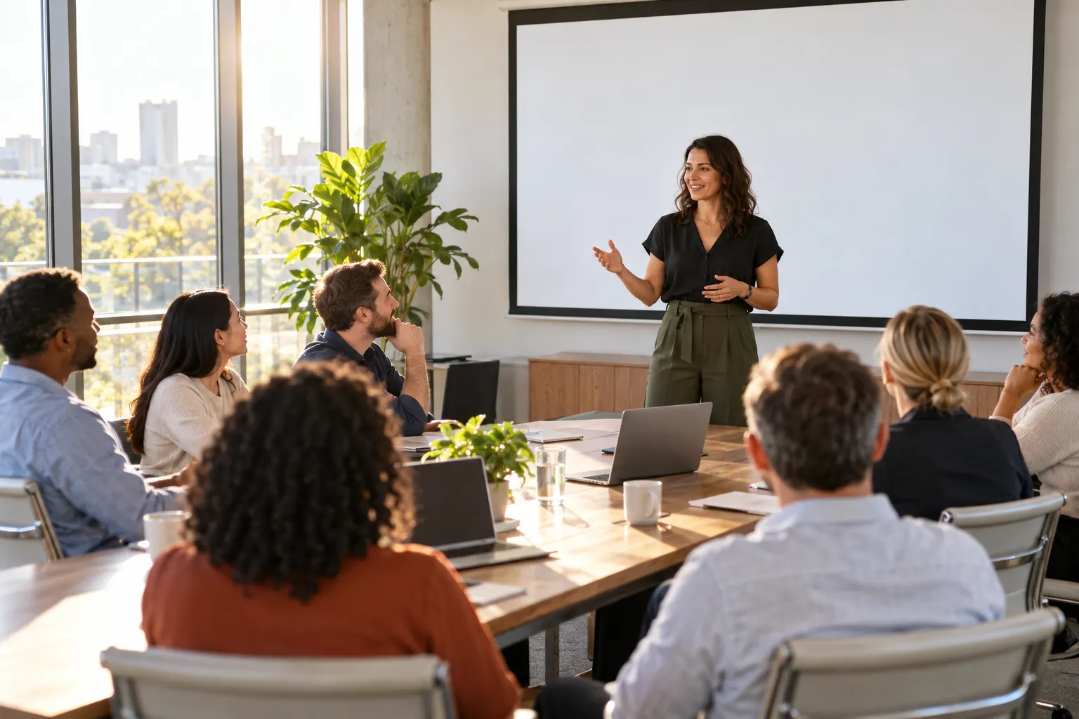 A woman gives a short talk to coworkers seated around a meeting table in a bright room.
