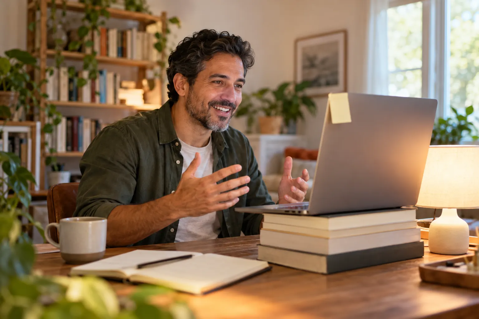 A man talks on a video call from home, his laptop raised on a stack of books with a lamp beside it.