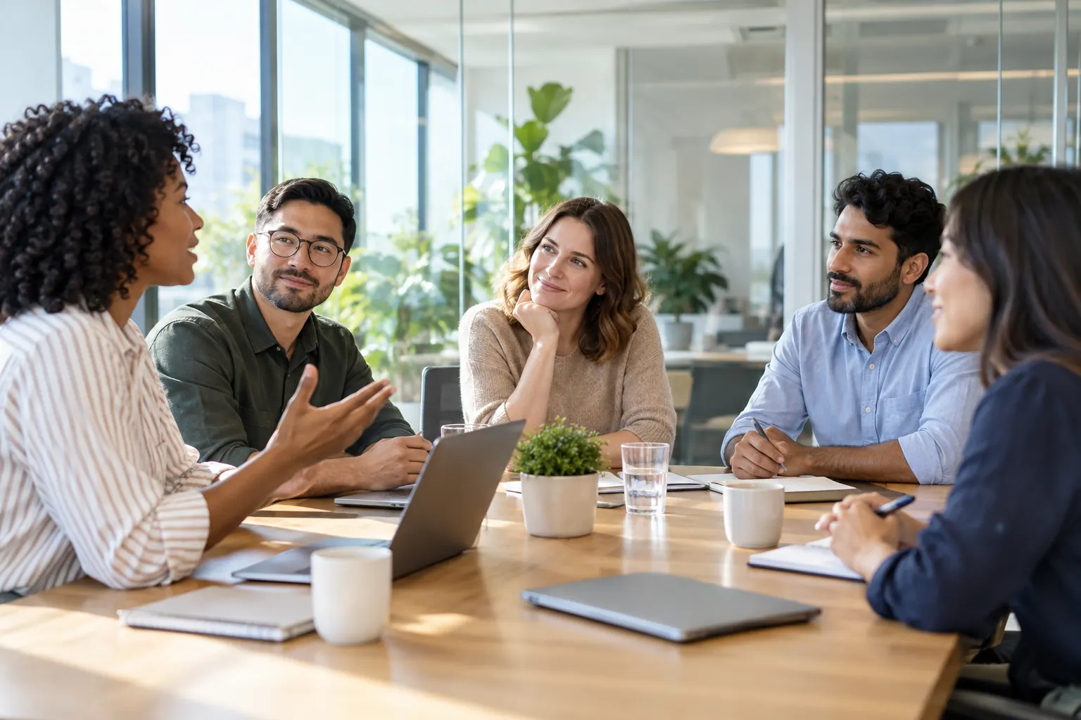 A woman talks with four colleagues around a sunlit conference table while they listen closely.