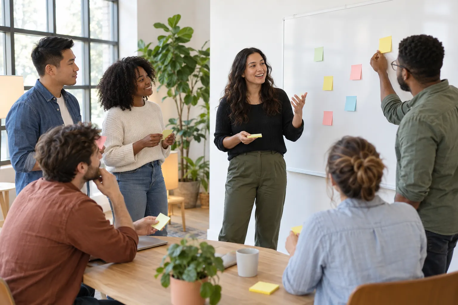 A team leader at a whiteboard smiles as colleagues add colorful sticky notes during a discussion.