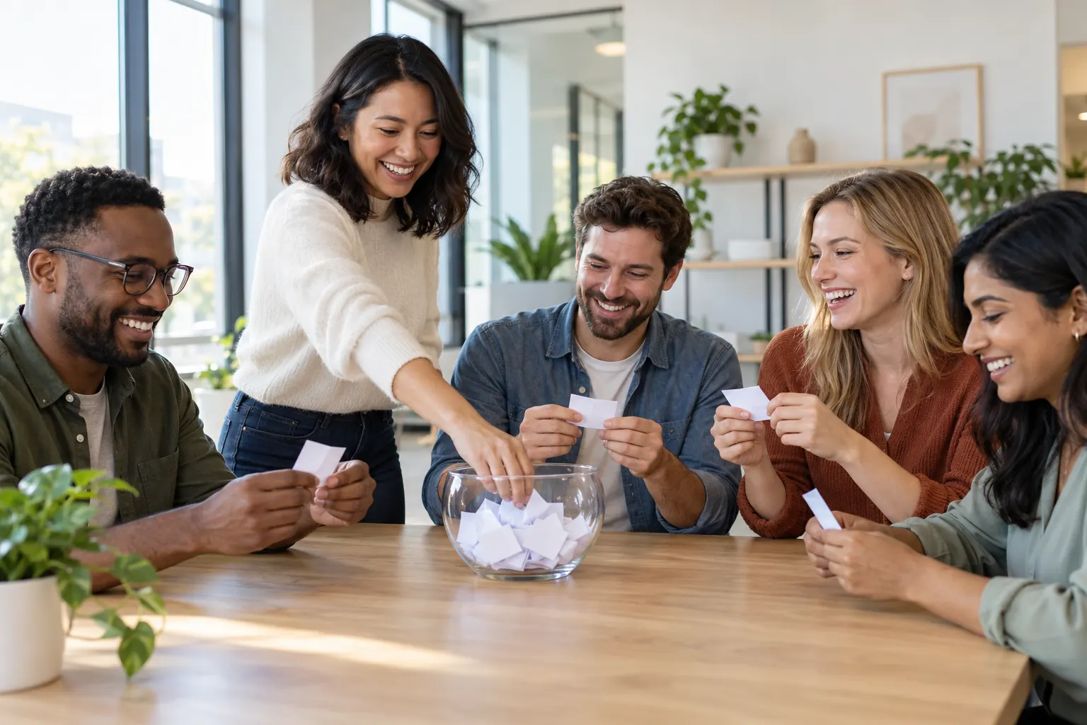 Coworkers around a wooden table laugh as they draw folded paper slips from a glass bowl.