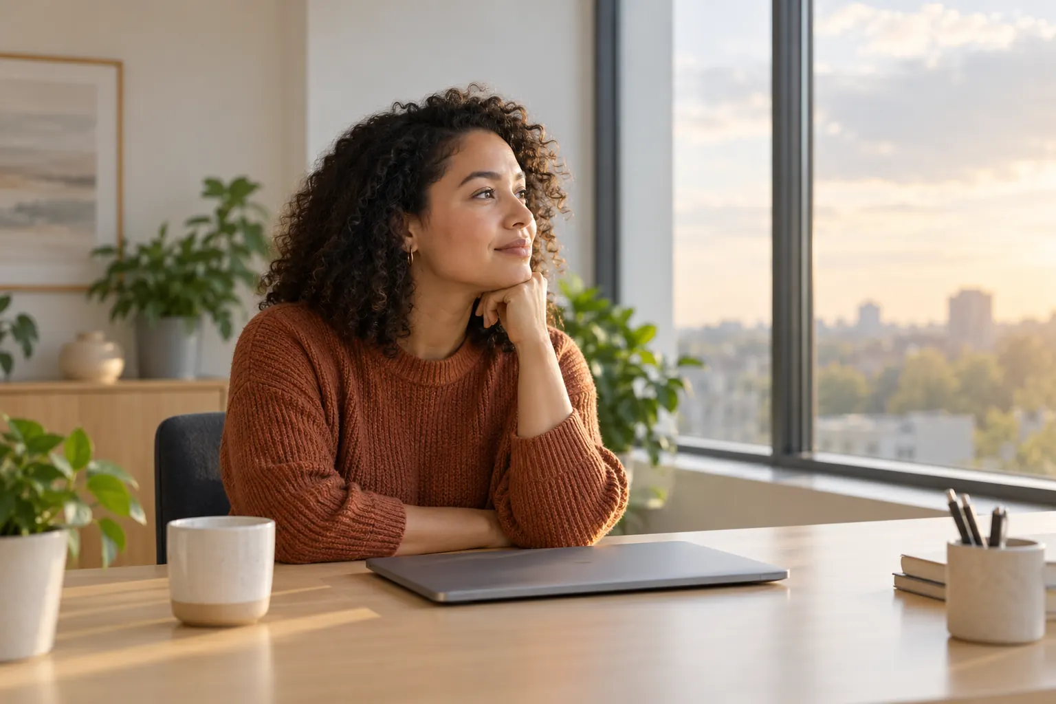 A woman sits alone at a desk with a closed laptop, gazing out a tall office window at golden hour.