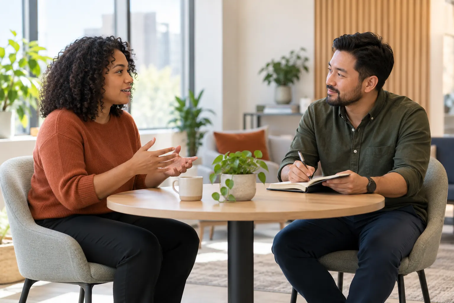 A manager takes notes in a notebook while an employee talks across a small round table.