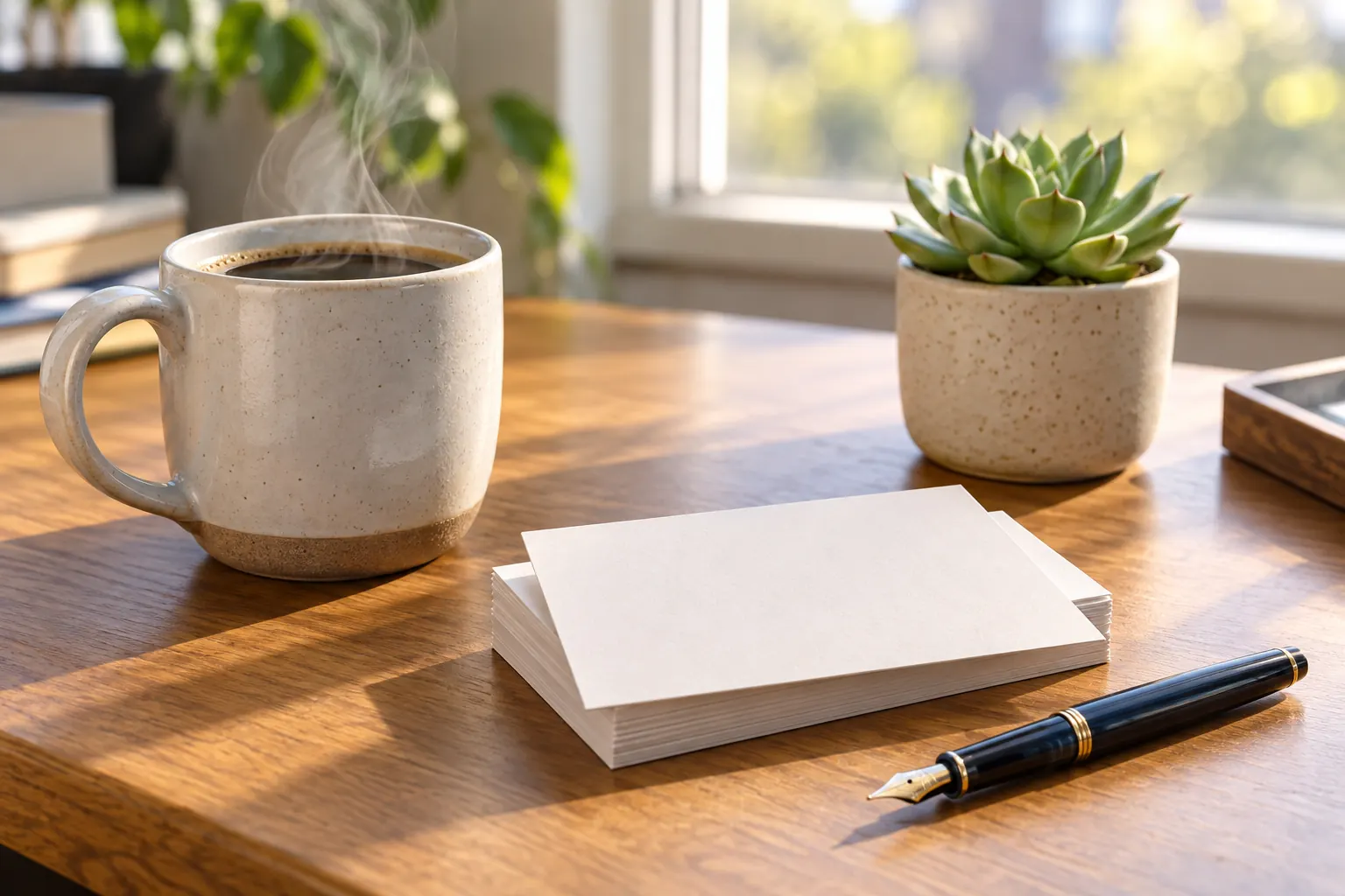 A steaming mug, a stack of blank index cards, a fountain pen and a succulent on a sunny desk.