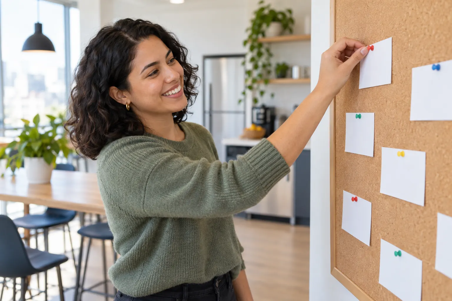 A smiling woman pins a blank card to a cork board in a bright office kitchen.