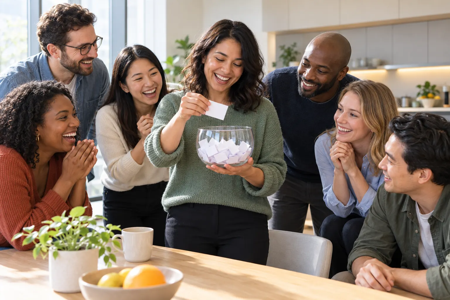 A smiling woman draws a folded paper slip from a glass bowl while coworkers lean in, laughing.