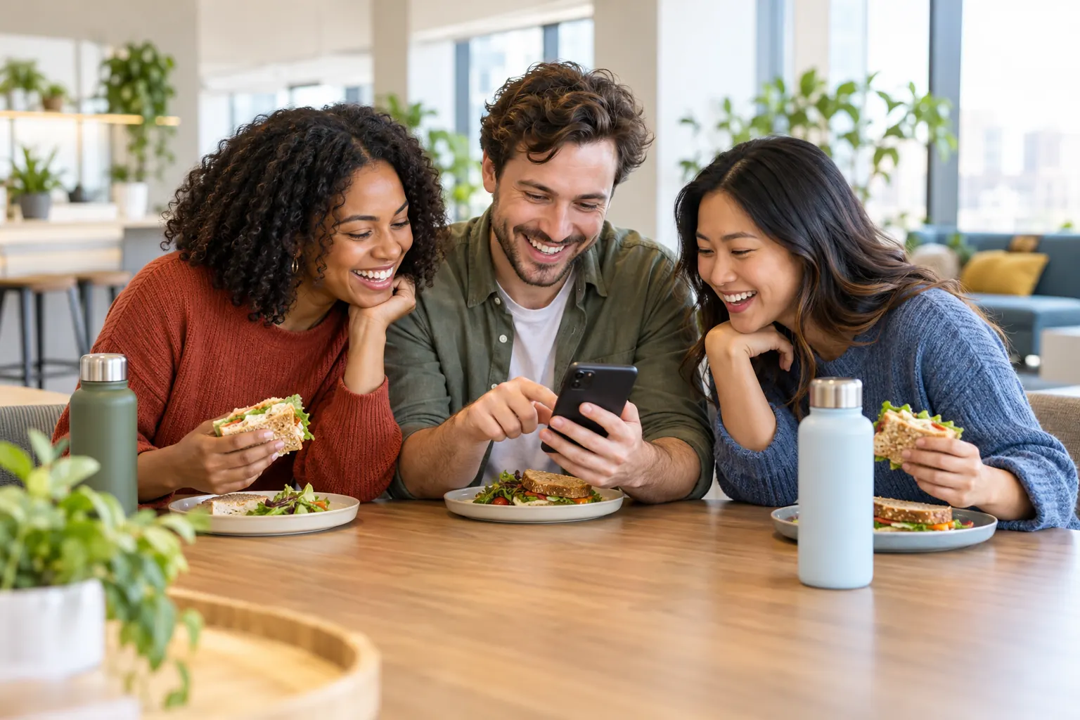 Three coworkers eating sandwiches at a lunch table lean over one phone, smiling at a quiz.