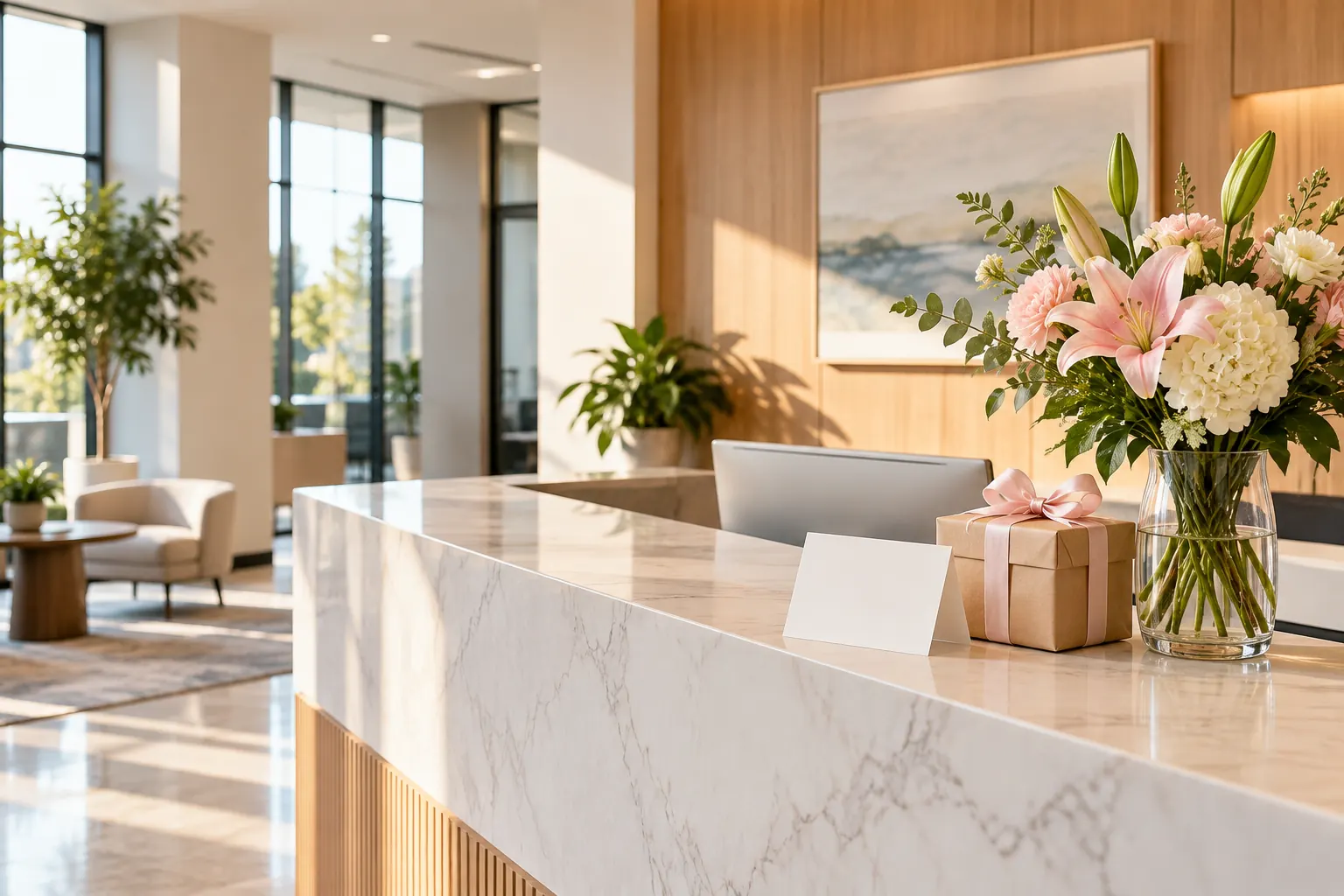 A modern office reception desk with fresh flowers, a small wrapped gift and a blank card in morning light.