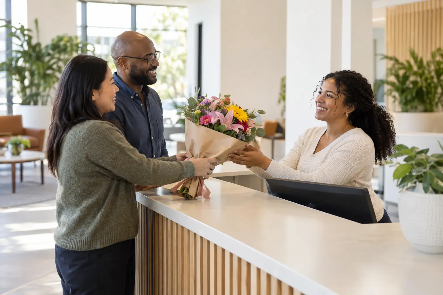 Two coworkers give a bouquet of flowers to a smiling receptionist at the front desk of a bright lobby.