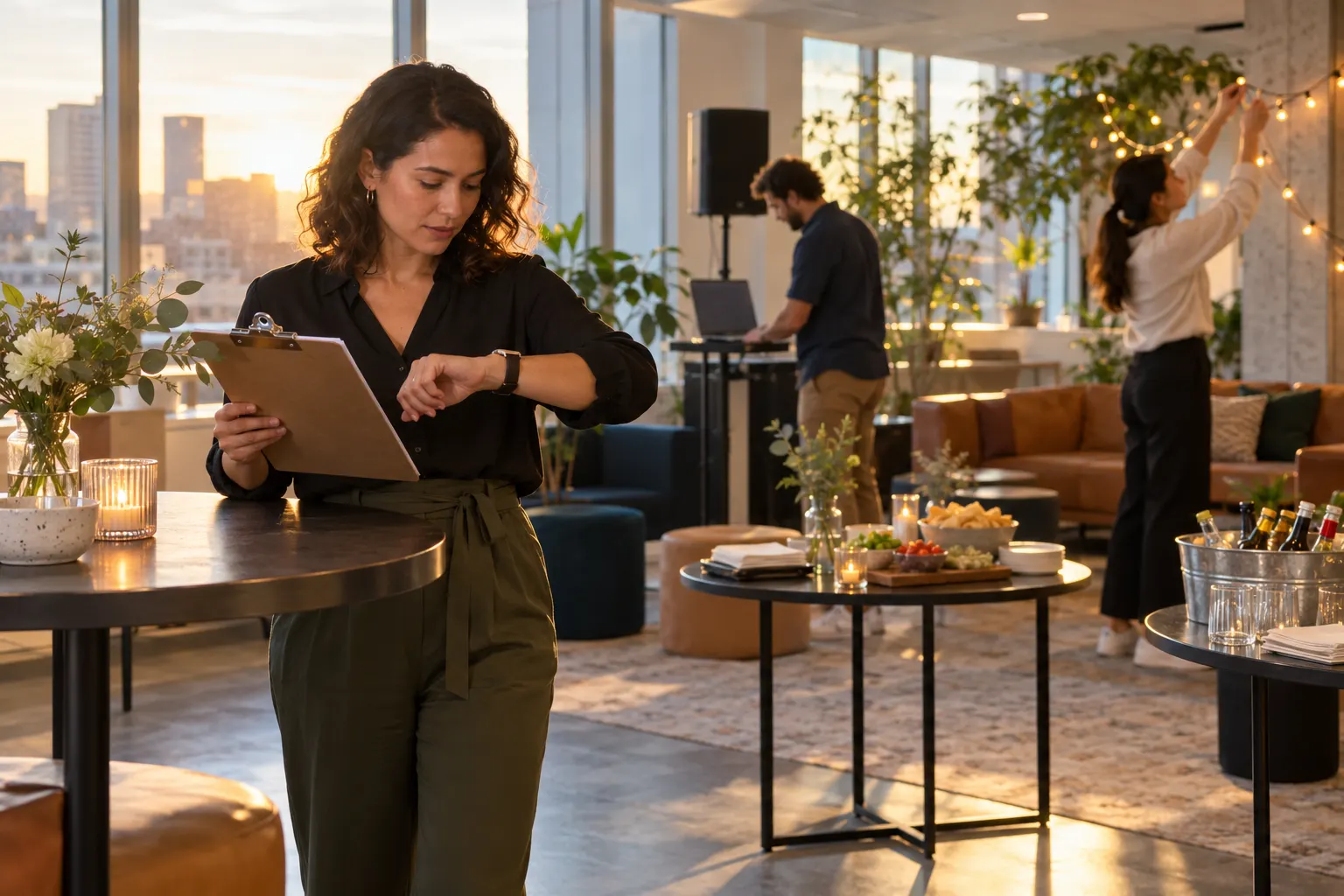 An organizer with a clipboard checks her watch while coworkers set up an office lounge for a team event