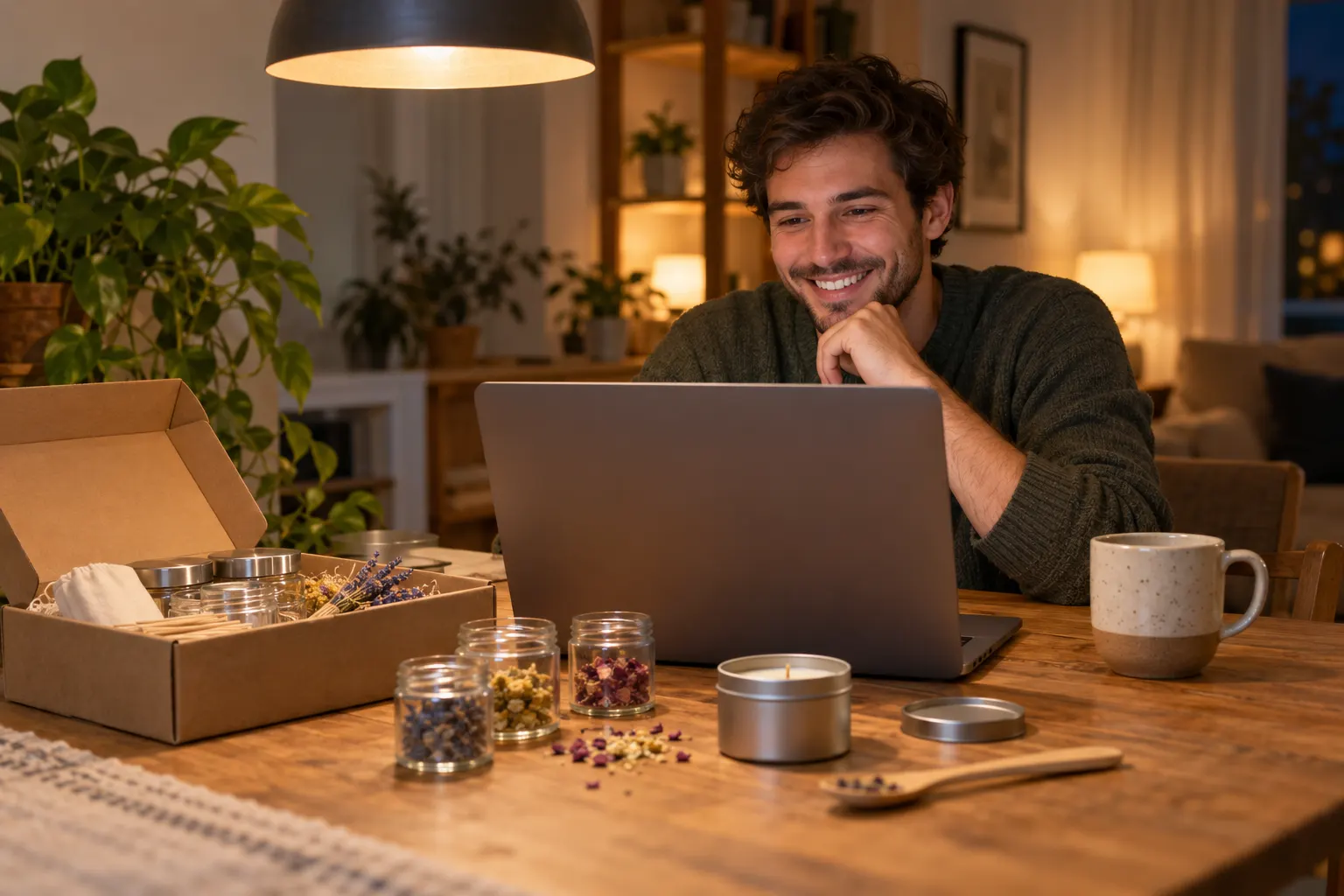 A man at his kitchen table follows a live video workshop with an open box of craft supplies in front of him