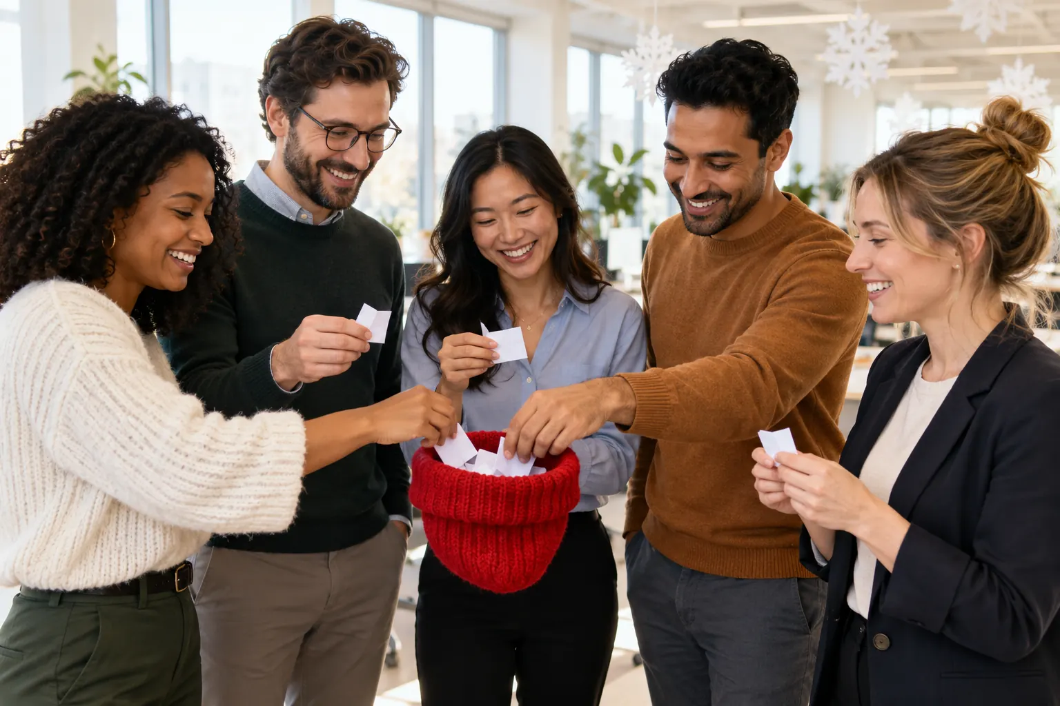 Coworkers draw folded paper slips from a red knit hat in a bright office with paper snowflakes.