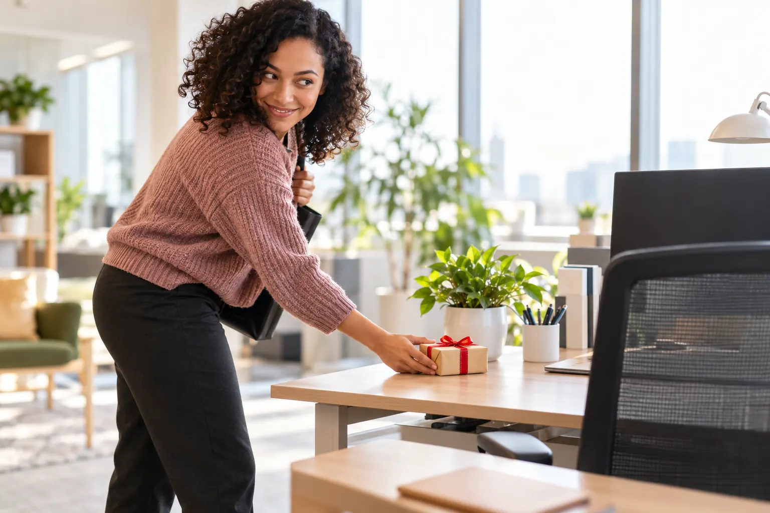 A smiling woman glances over her shoulder as she leaves a small wrapped gift on a coworker's desk.
