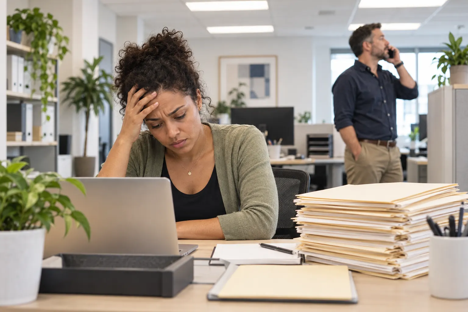 A stressed employee holds her head at a desk piled with folders while a man talks on the phone nearby.