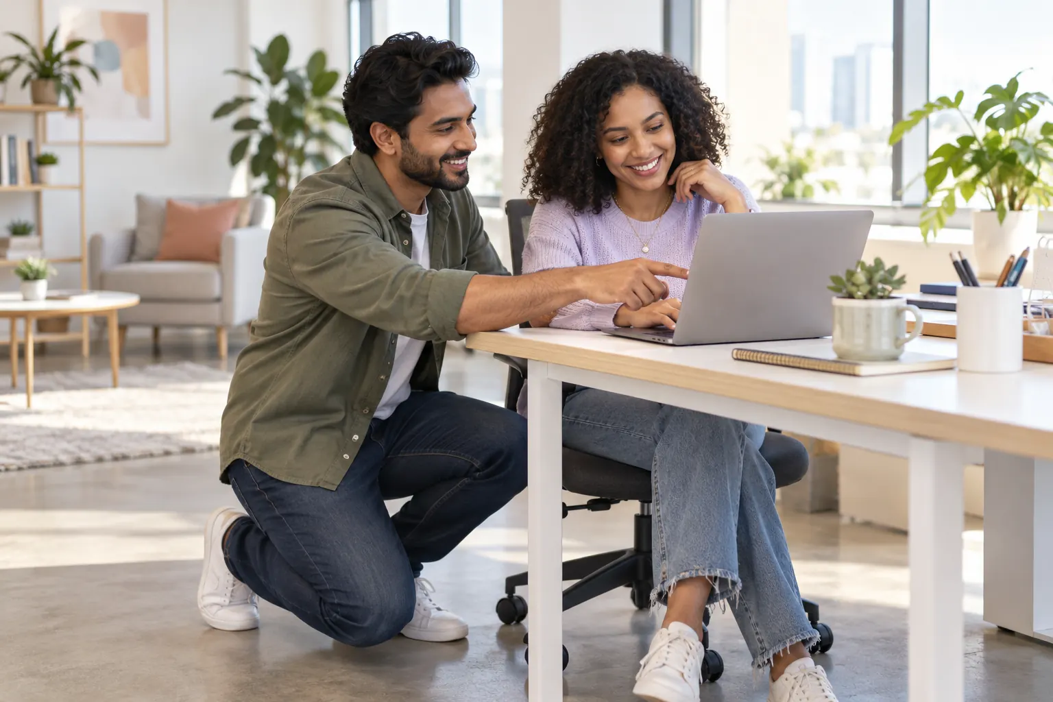 A man kneels beside a colleague's desk and points at her laptop screen as they both smile.