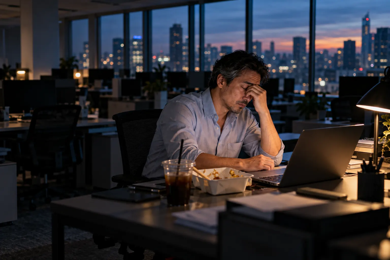 A tired man rubs his eyes at his laptop in an empty office at dusk next to a takeout container.