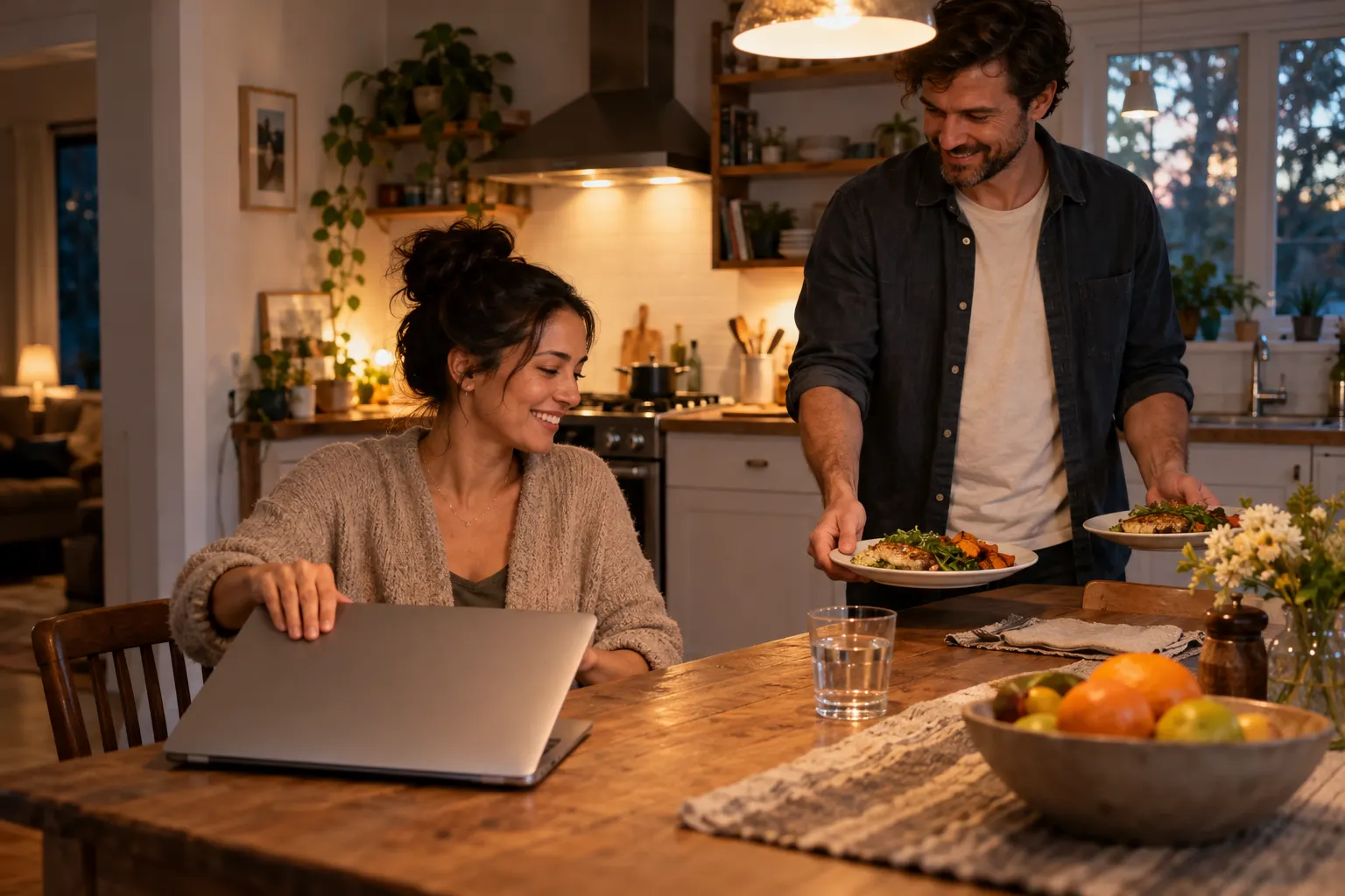 A woman closes her laptop at the kitchen table in the evening as her partner sets down dinner.