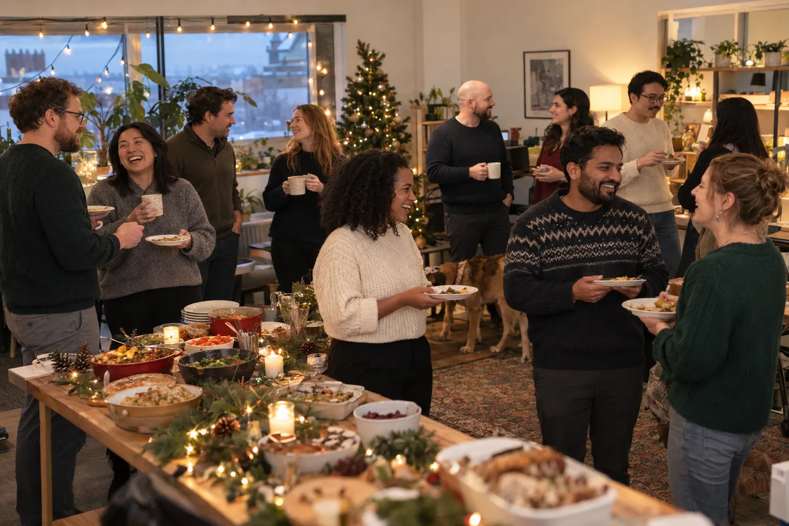 About a dozen coworkers in sweaters chat over potluck plates at a holiday party in a small office