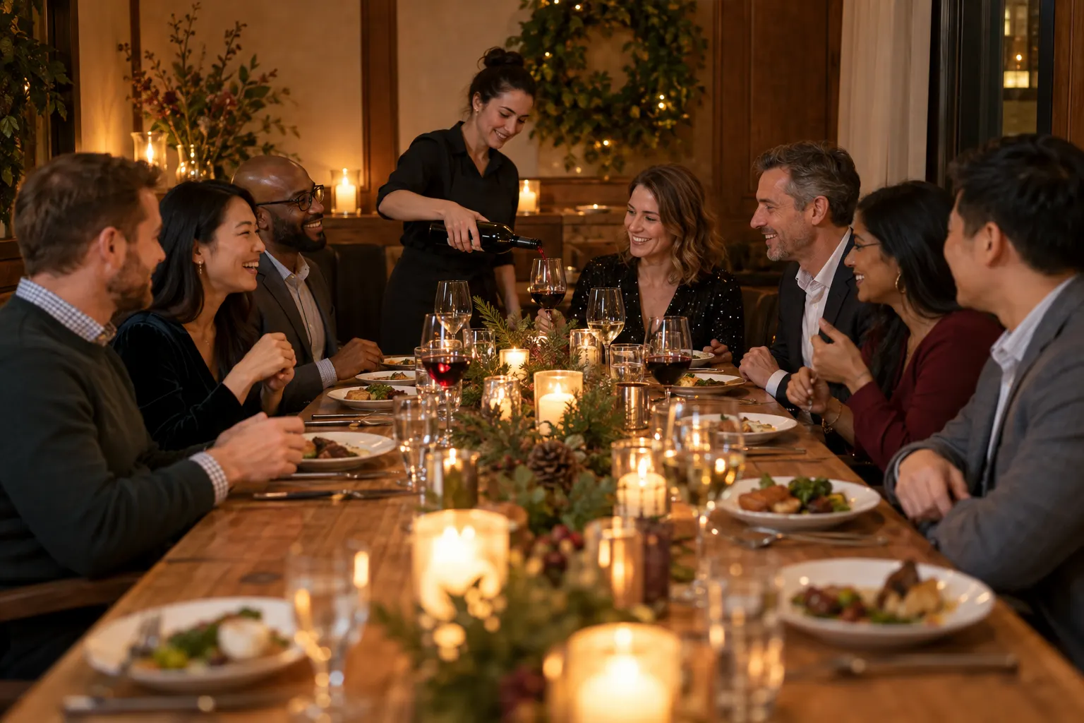 Coworkers share a candlelit holiday dinner at one long restaurant table while a server pours wine