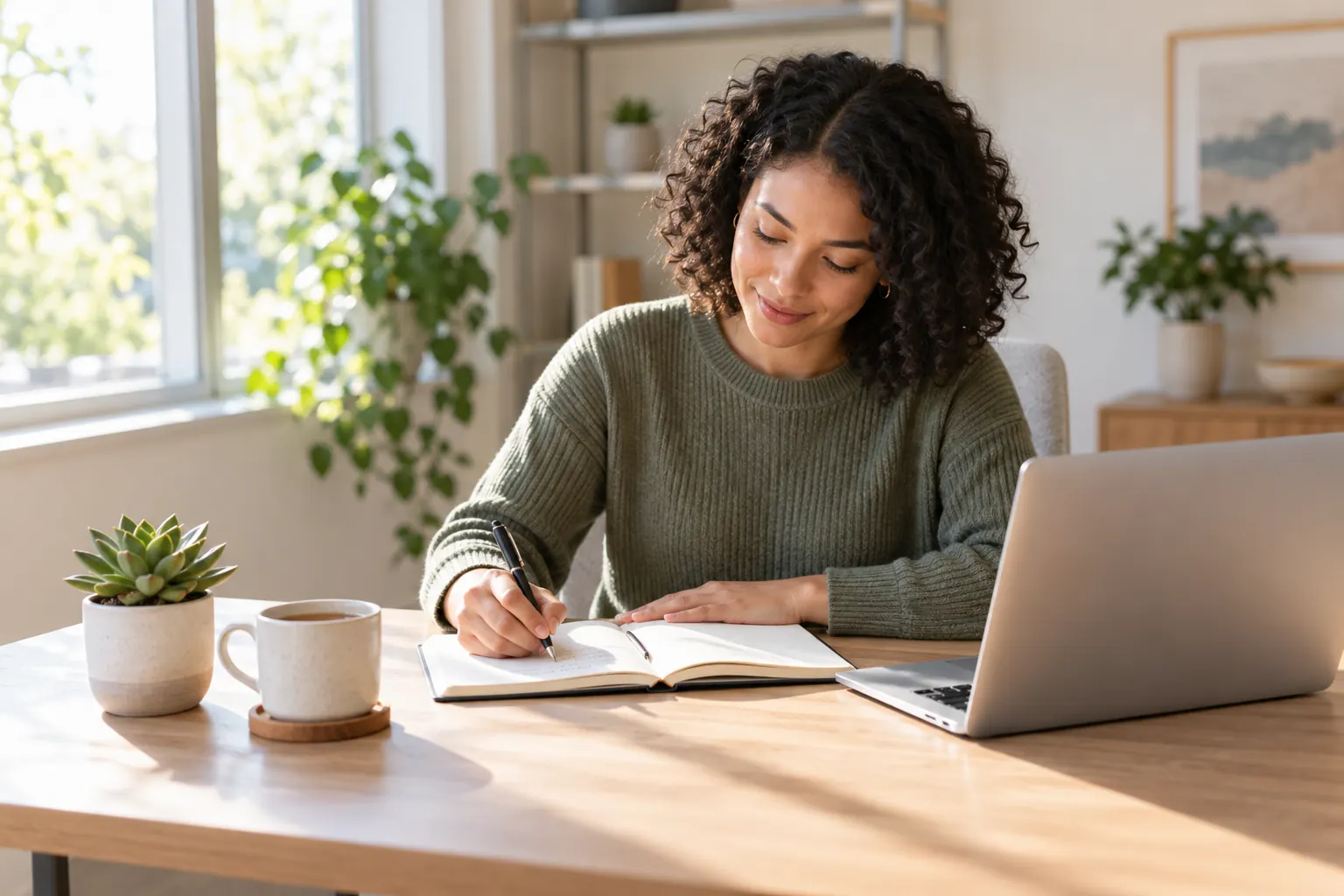 A woman writes in a notebook at a sunny desk beside a laptop, a cup of tea and a succulent.