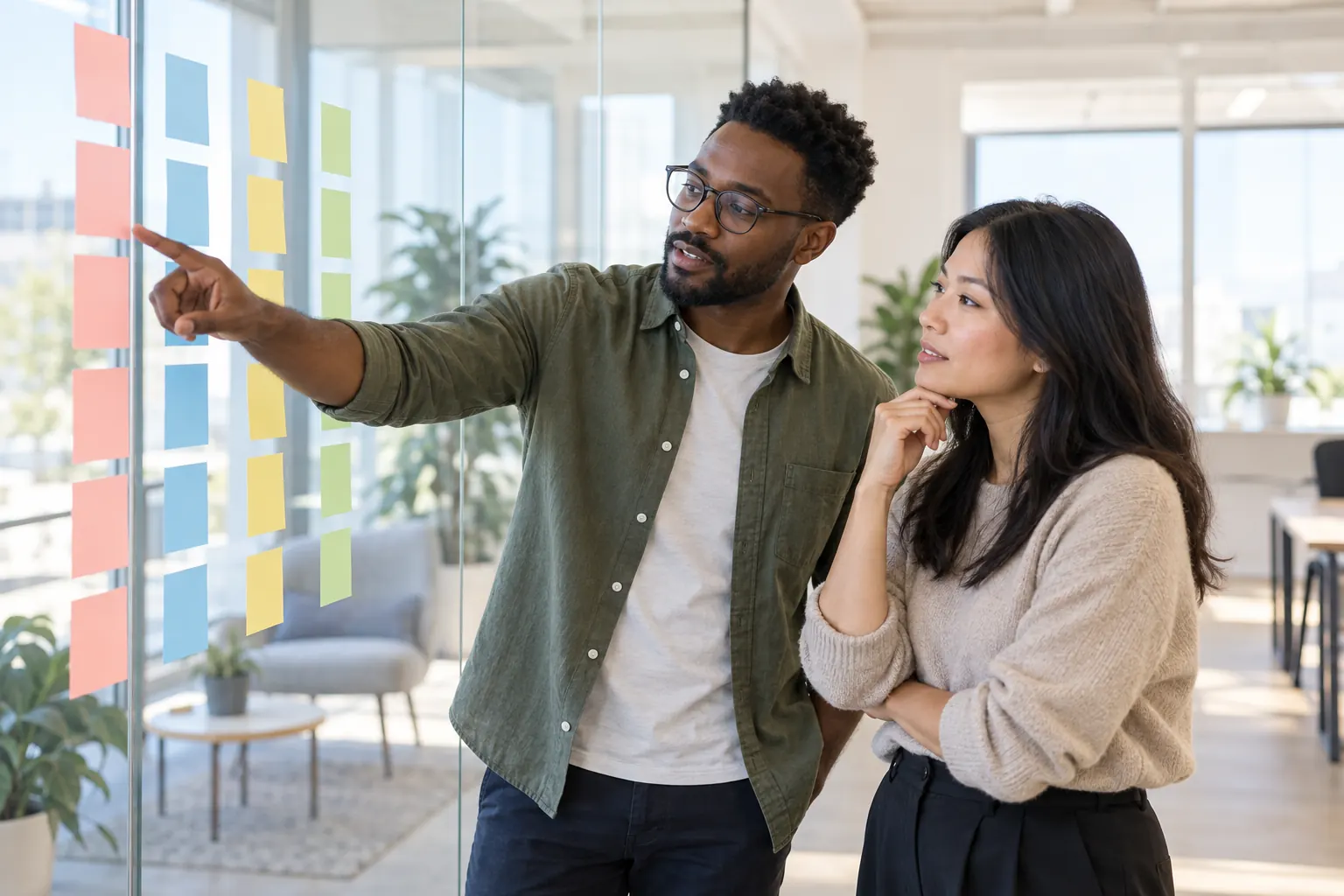 Two coworkers stand at a glass wall of colored sticky notes in columns while one points at a column.