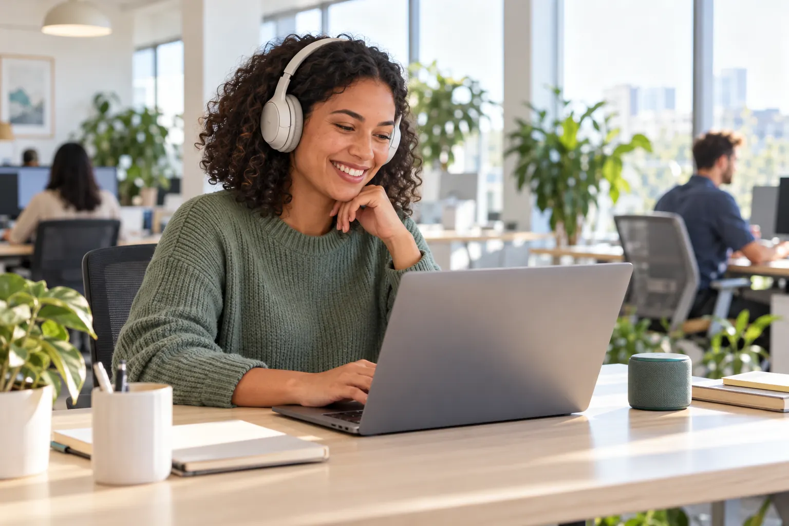 A smiling woman in headphones works on a laptop in a bright office, a small speaker beside her.