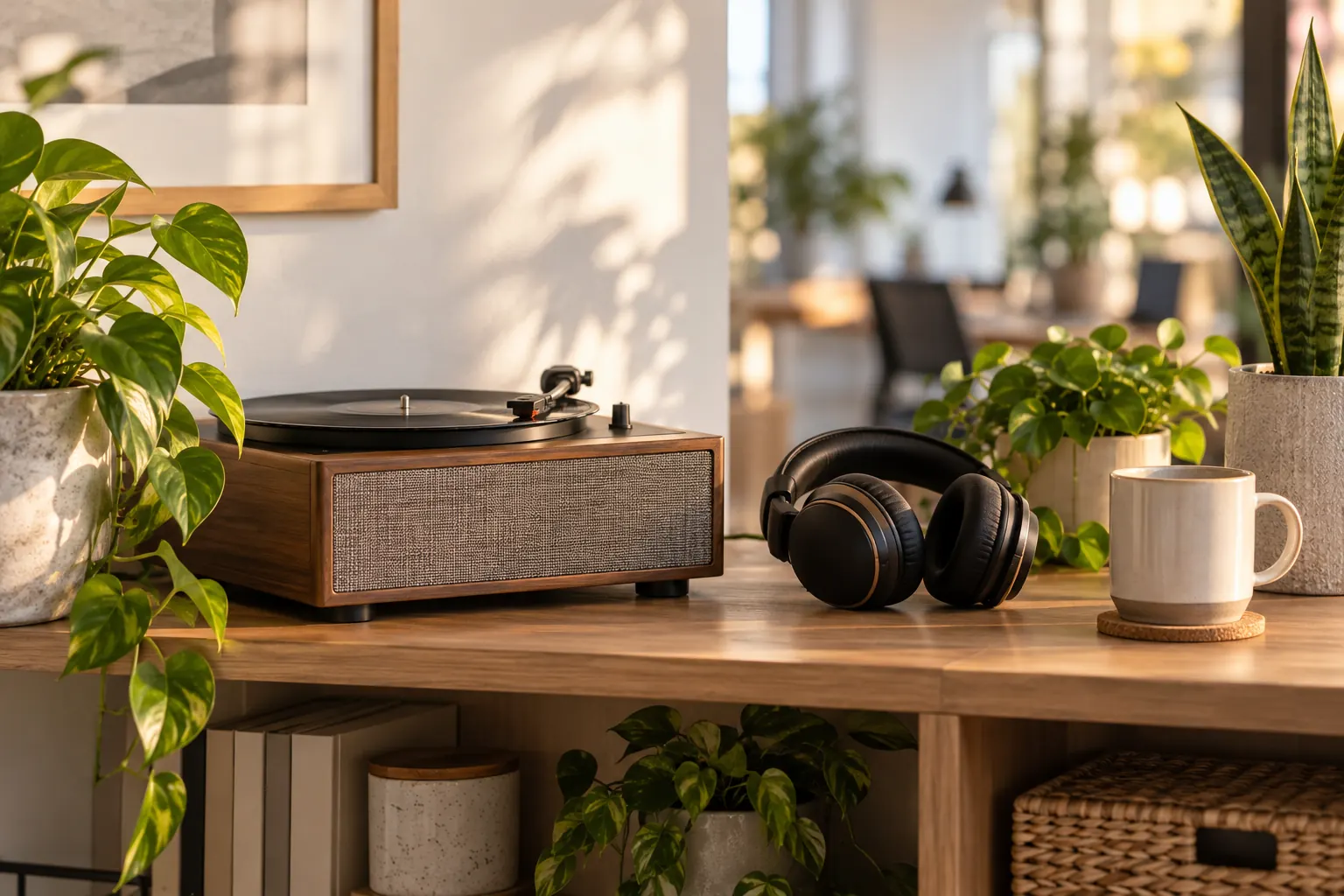 A wooden record player and black headphones on an office shelf beside plants and a coffee mug.