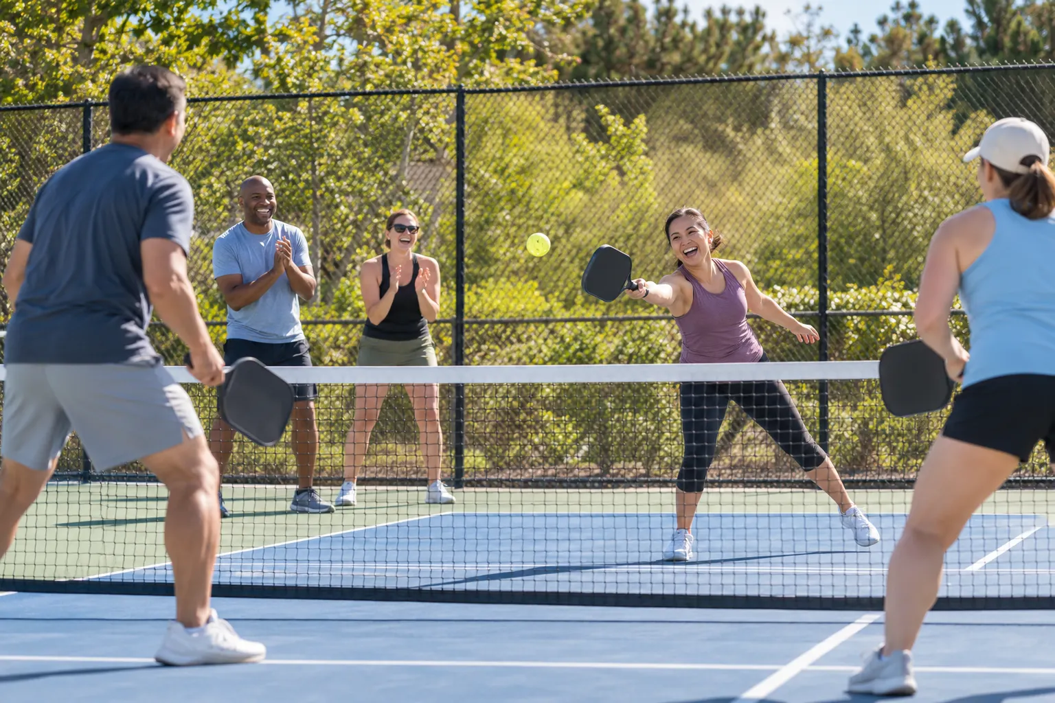 Coworkers play doubles pickleball on an outdoor court while two teammates cheer from behind the net.