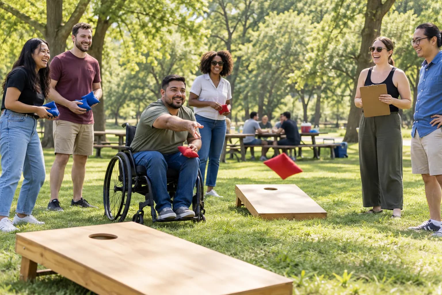 A coworker in a wheelchair tosses a bean bag at a cornhole board in a park while teammates laugh and one keeps score on a clipboard.