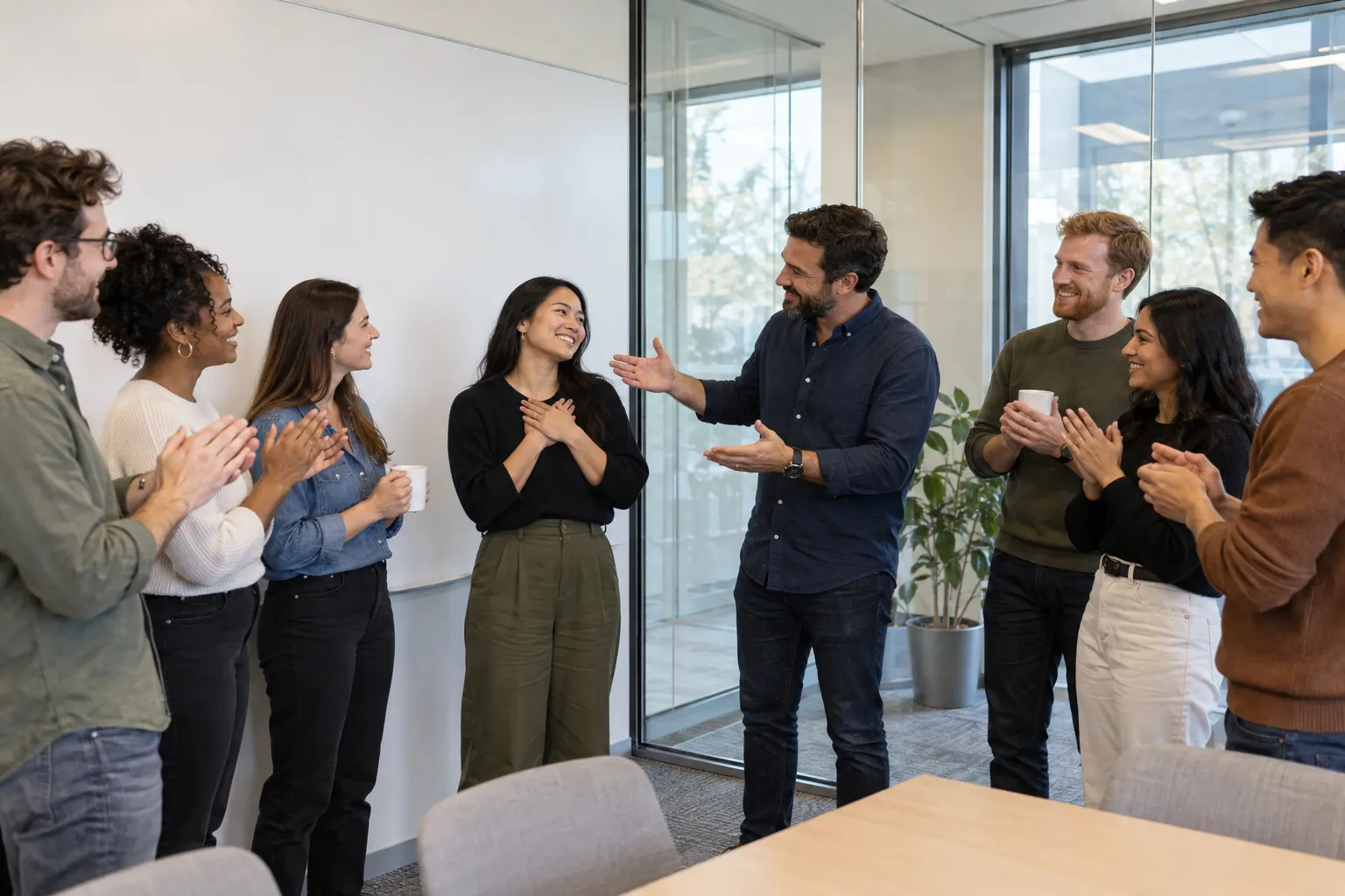 A team lead gestures toward a smiling colleague during a stand-up meeting while the rest of the team applauds