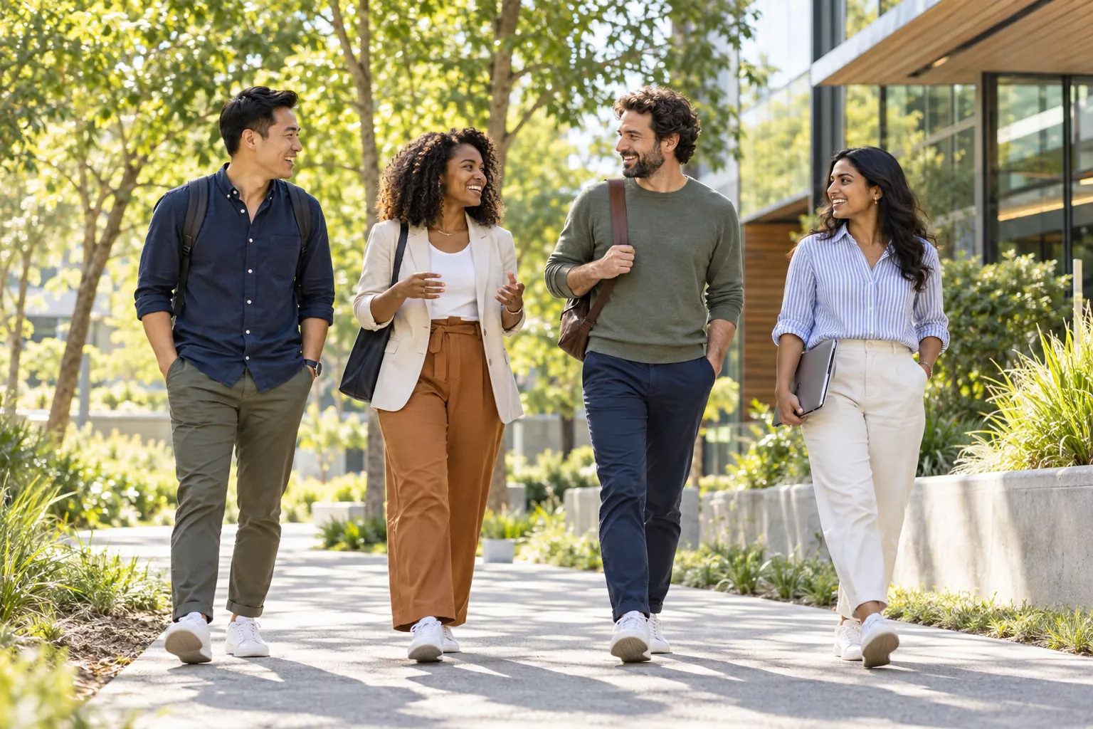Coworkers in sneakers walk and chat together on a sunny tree-lined path outside their office.