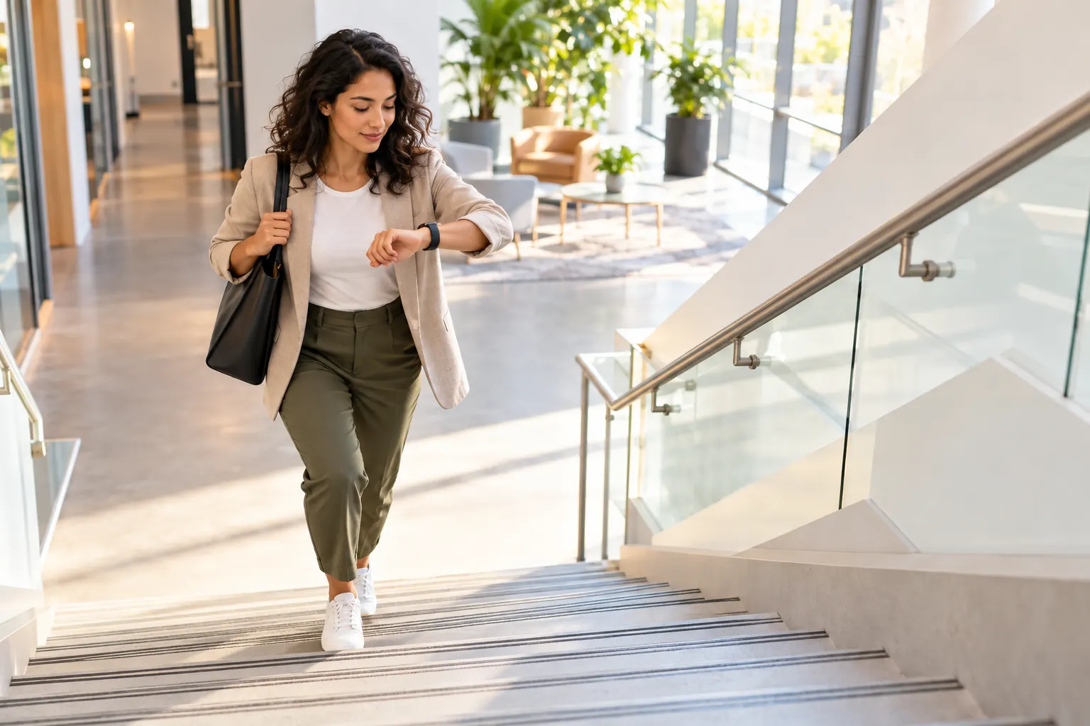 A person in sneakers glances at a fitness watch while walking up a sunlit office staircase.