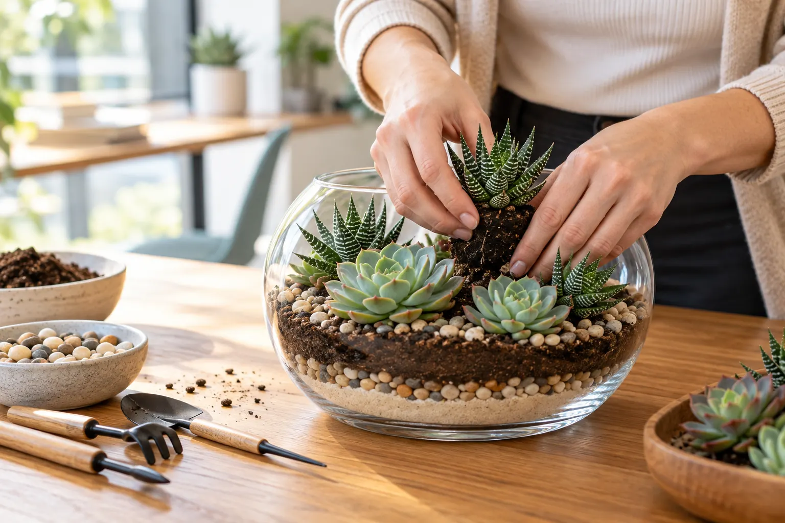 Hands set a haworthia into an open glass bowl layered with sand, pebbles and soil on a wooden table.