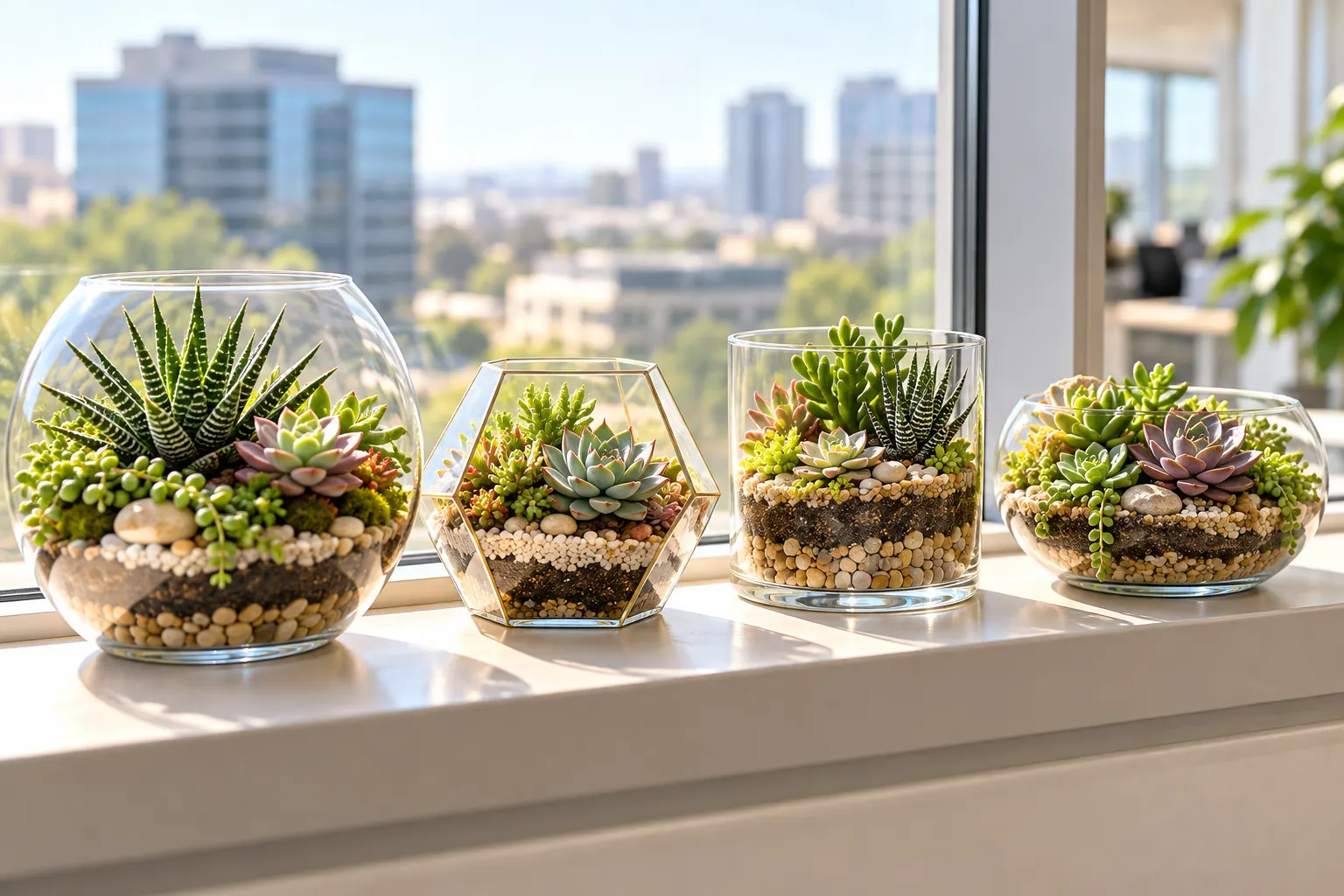 Four open glass terrariums planted with haworthias and echeverias sit in a row on a sunny office windowsill.
