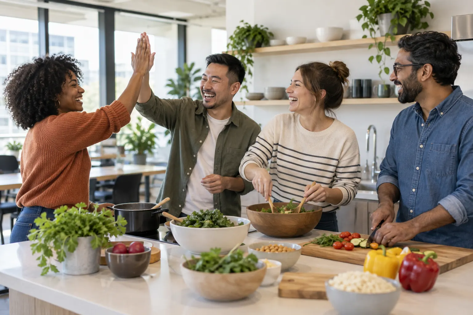 Four coworkers laugh and trade a high five while cooking a salad lunch together in an office kitchen.