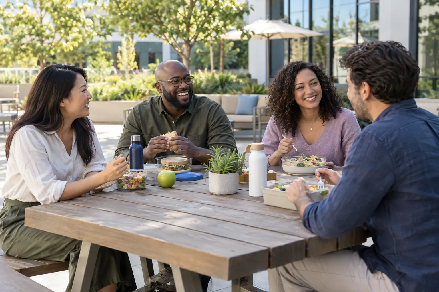 Four colleagues share lunch and easy conversation at a wooden picnic table on a sunny office patio.