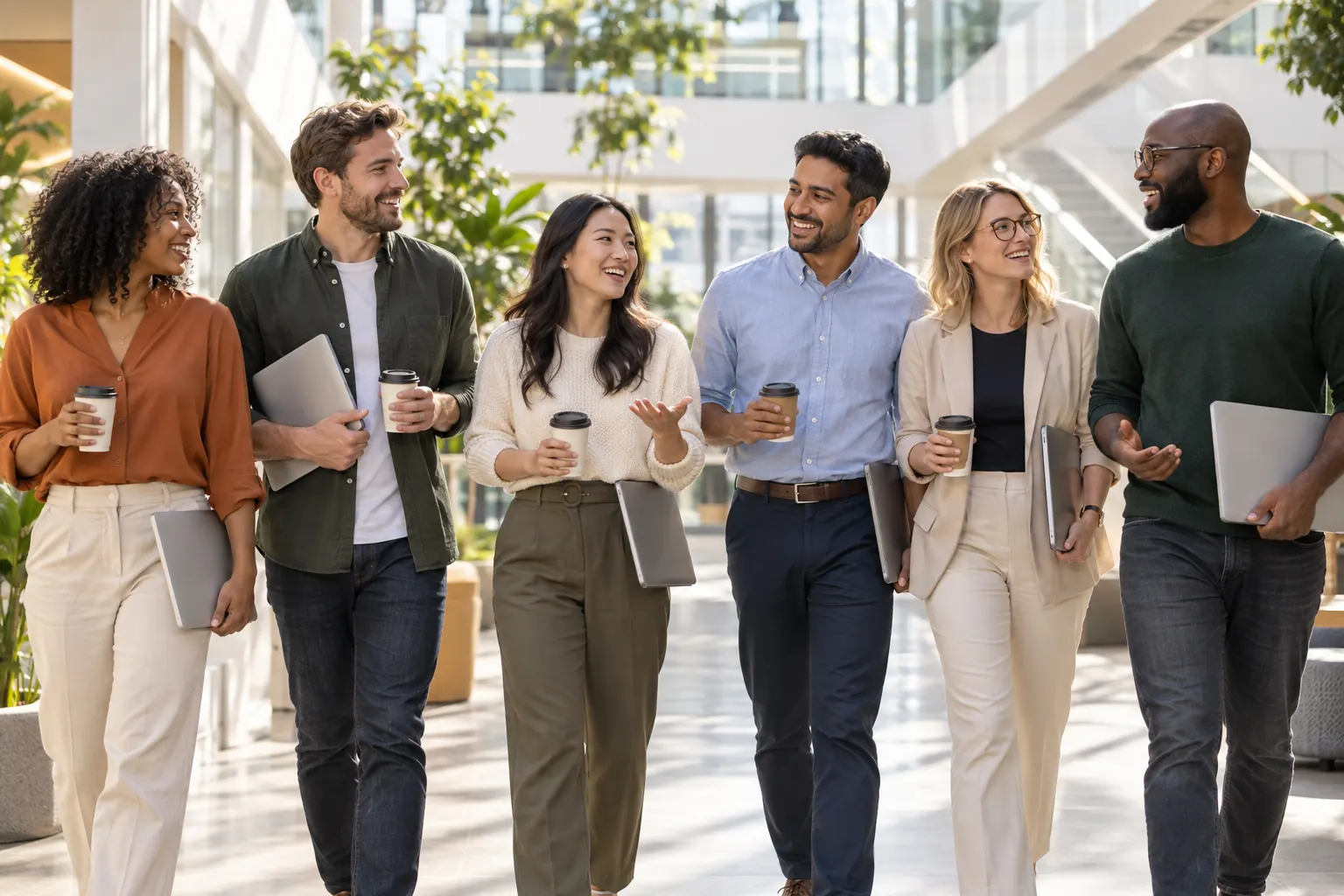 Six coworkers carrying coffee and laptops walk together through a sunny office atrium, chatting and laughing.