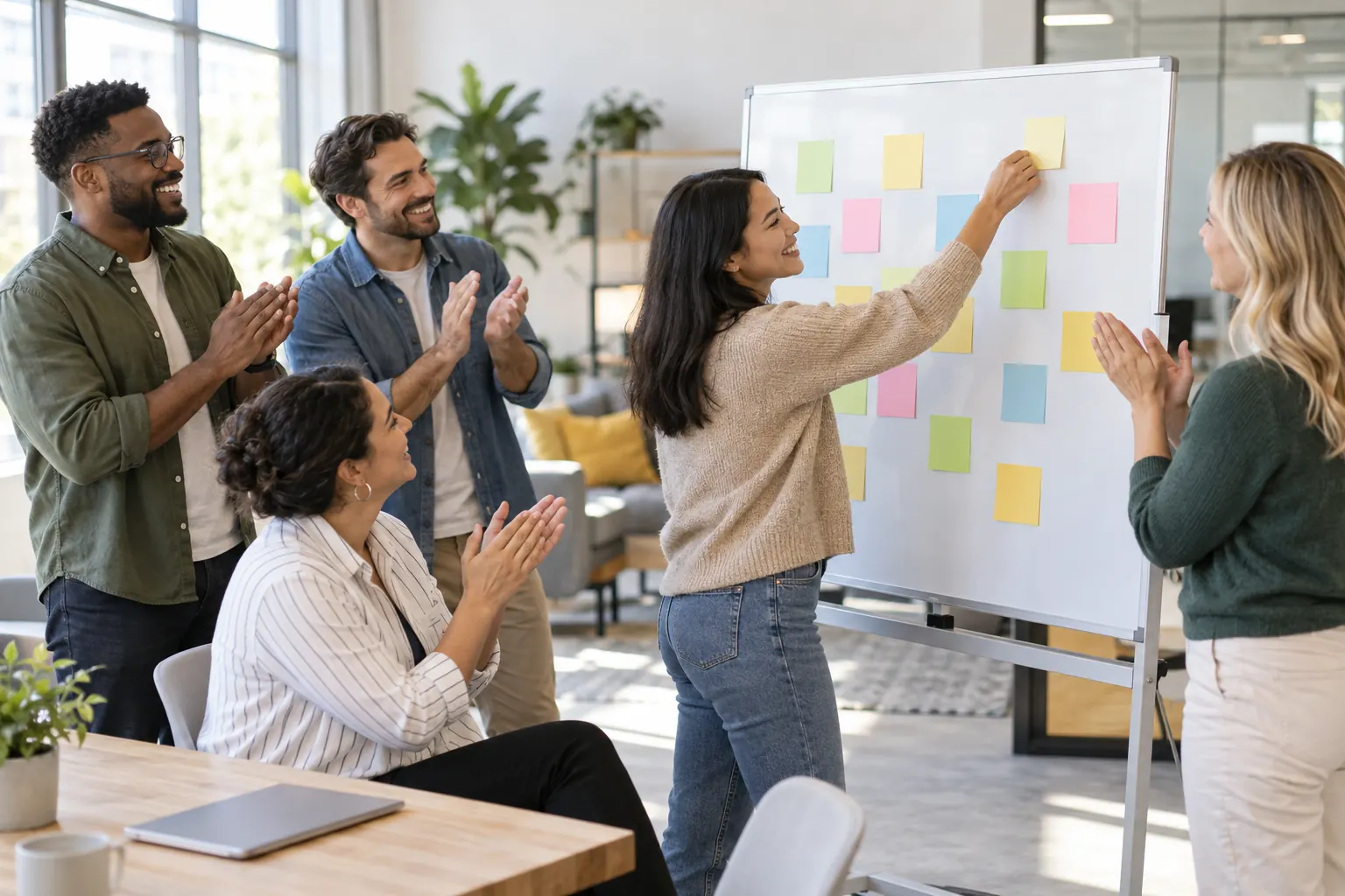 Teammates clap as a colleague adds the last sticky note to a full whiteboard in a bright office.