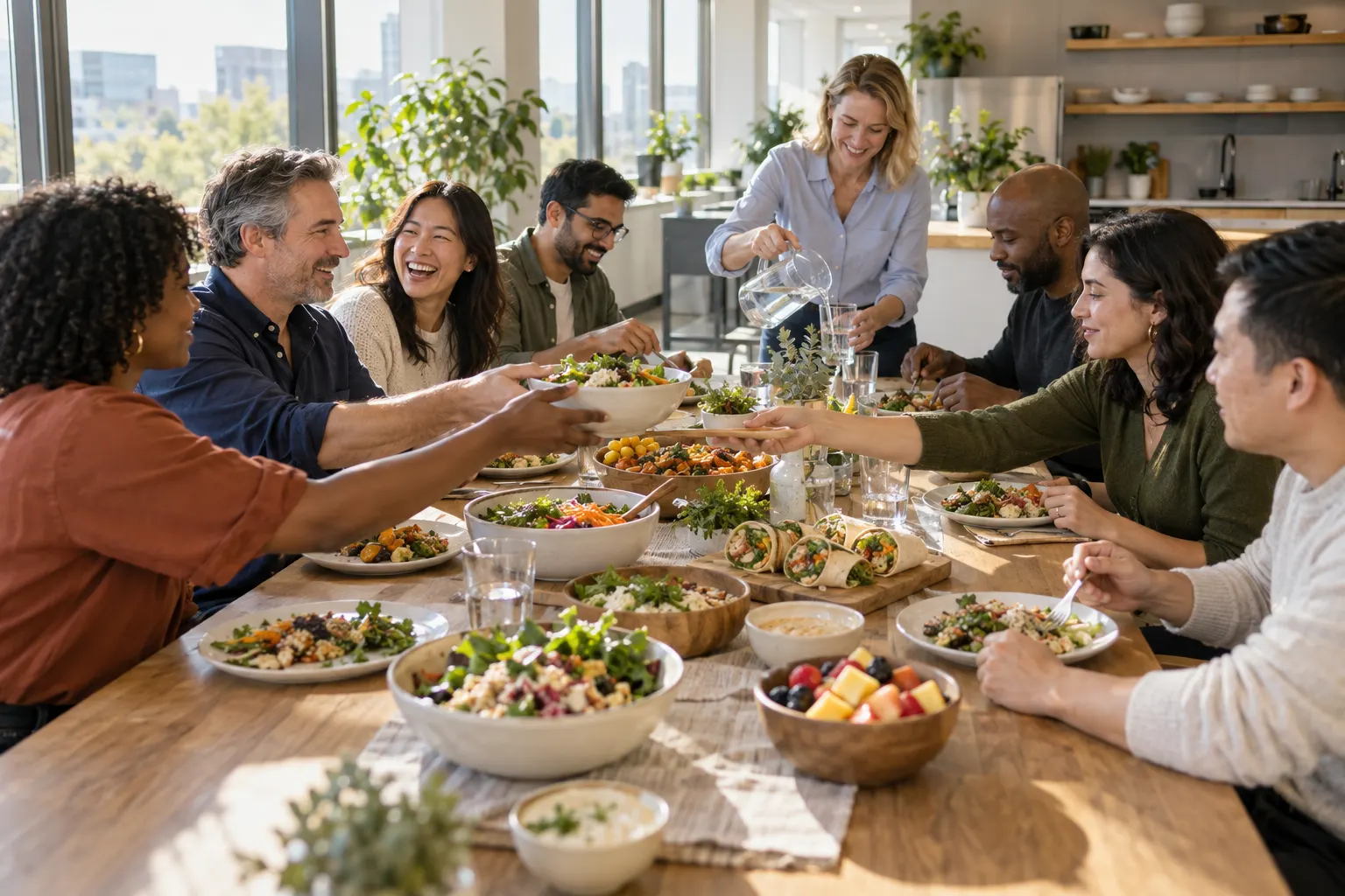 Coworkers pass shared platters of salads, wraps and grain bowls around a long table during a team lunch in a bright office