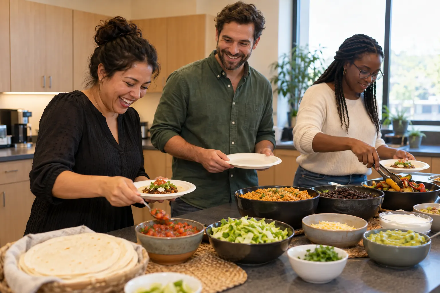 Three coworkers fill plates at a build-your-own taco bar set up on a break room counter