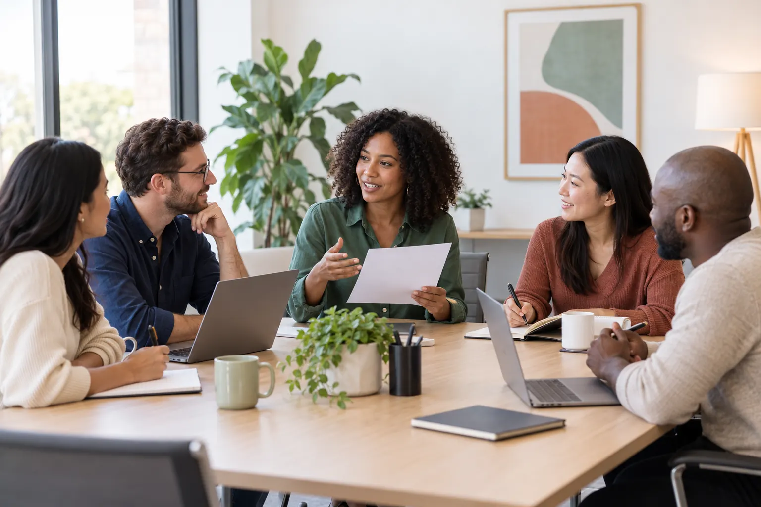 A small team talking around a meeting table with laptops, notebooks and coffee while one person holds the agenda.