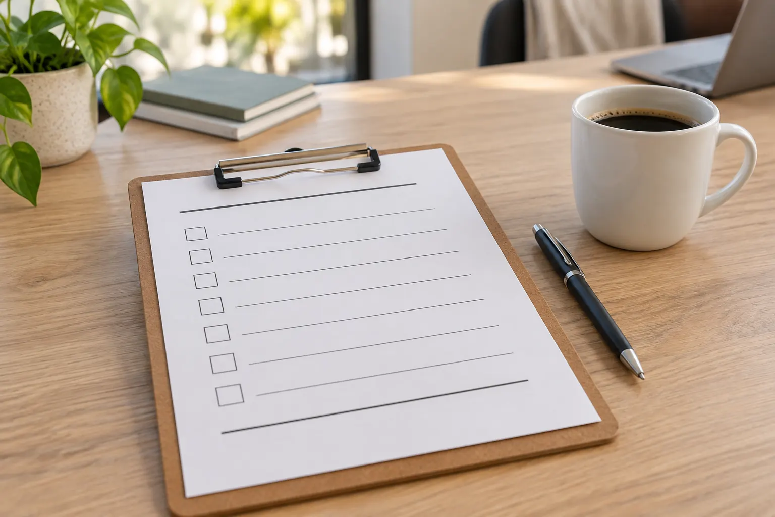 A clipboard with a blank checklist agenda, a pen and a cup of coffee on a wooden desk.