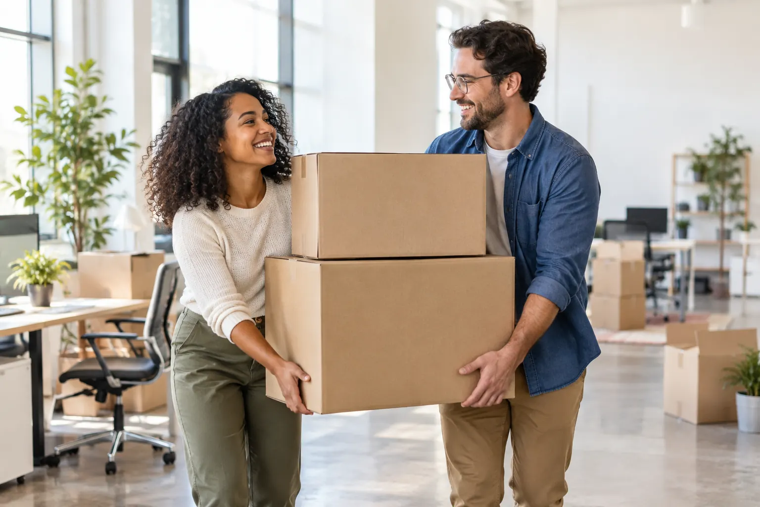 Two smiling coworkers carry a stack of cardboard boxes together across a bright office during a move.