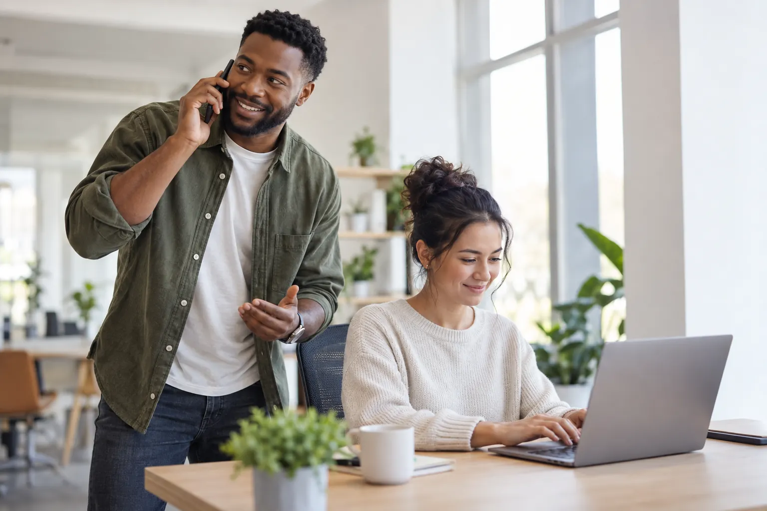 A smiling man talks on his phone while a colleague types on her laptop at a bright office desk.
