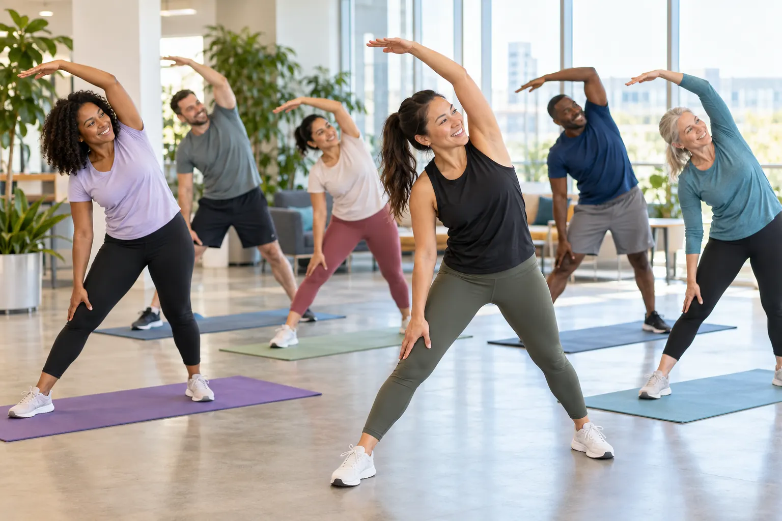 Coworkers in athletic clothes do a standing side stretch together on yoga mats in a bright office.
