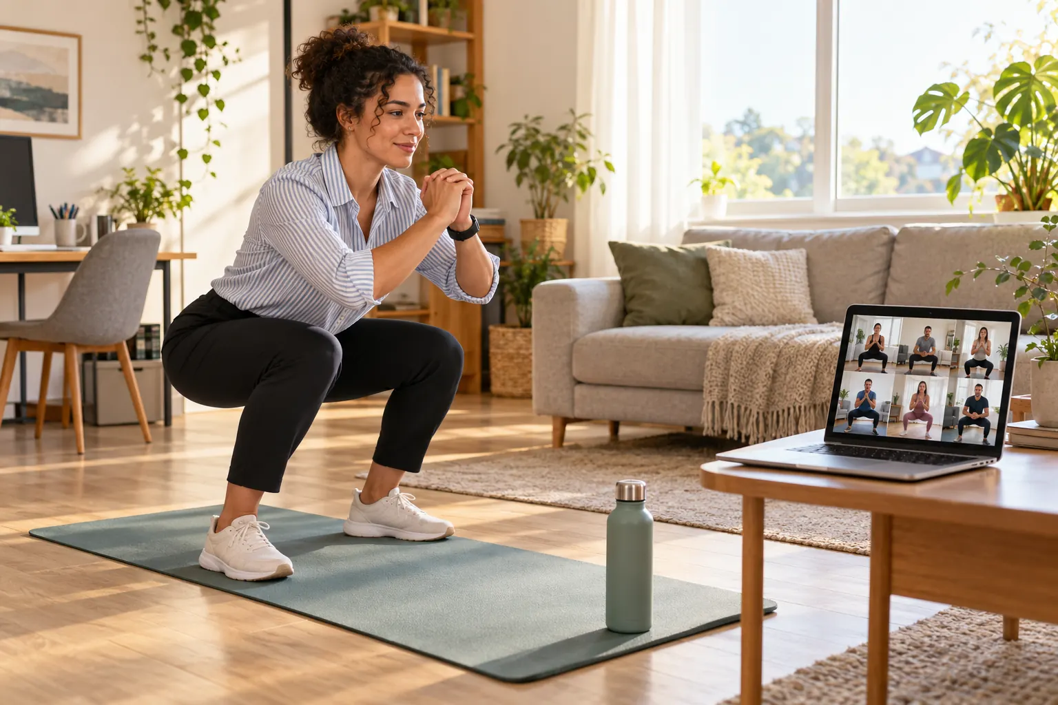 A remote employee squats on a yoga mat in a living room, following a fitness class on a laptop.
