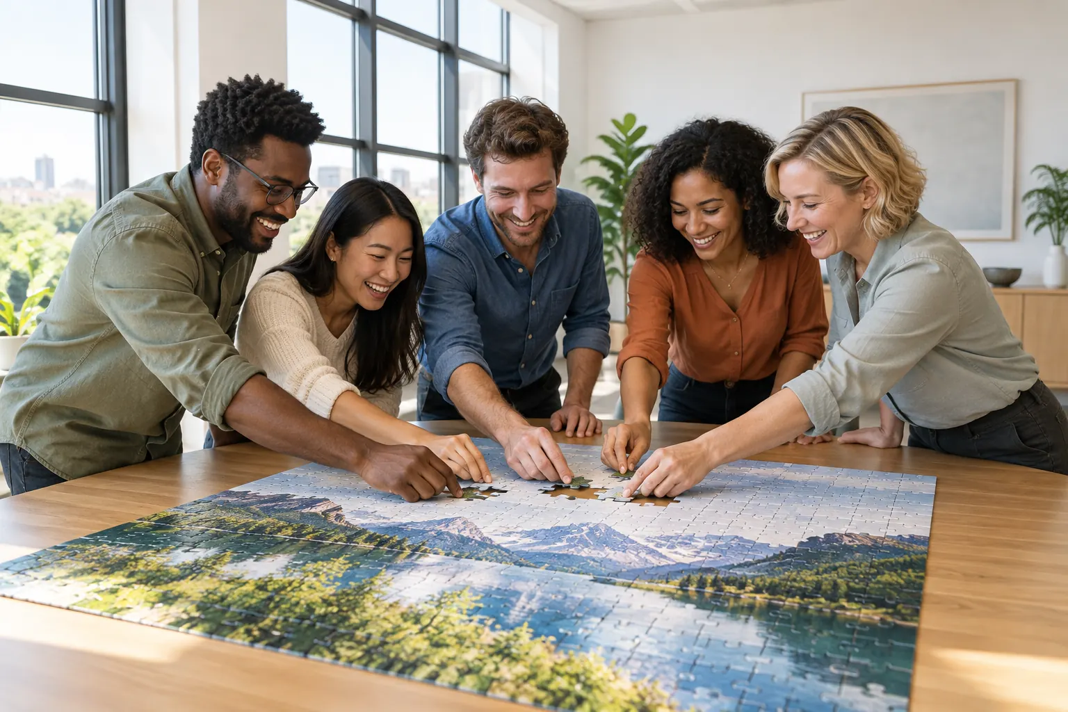 Five coworkers laugh as they lean over a conference table to fit the last pieces of a big jigsaw puzzle.