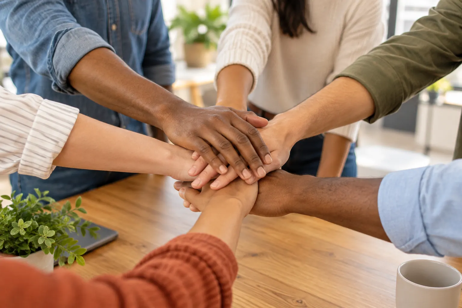 Coworkers stack their hands together in the middle of a wooden table in a bright office.