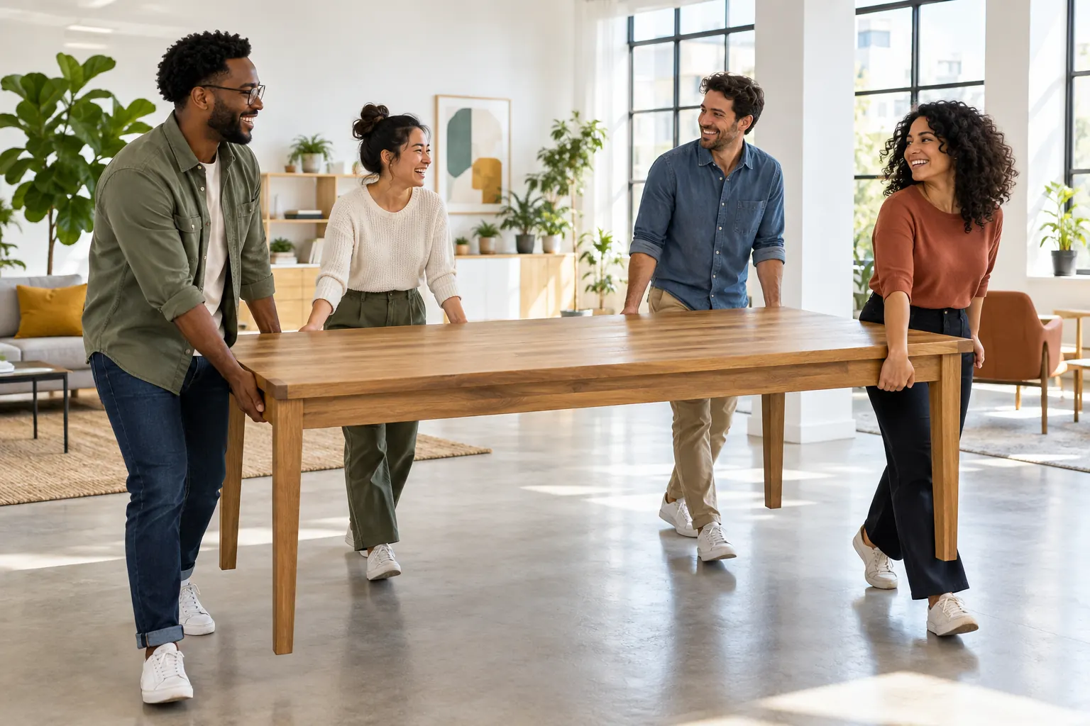 Four laughing coworkers carry a long wooden table together across a bright, plant-filled office.