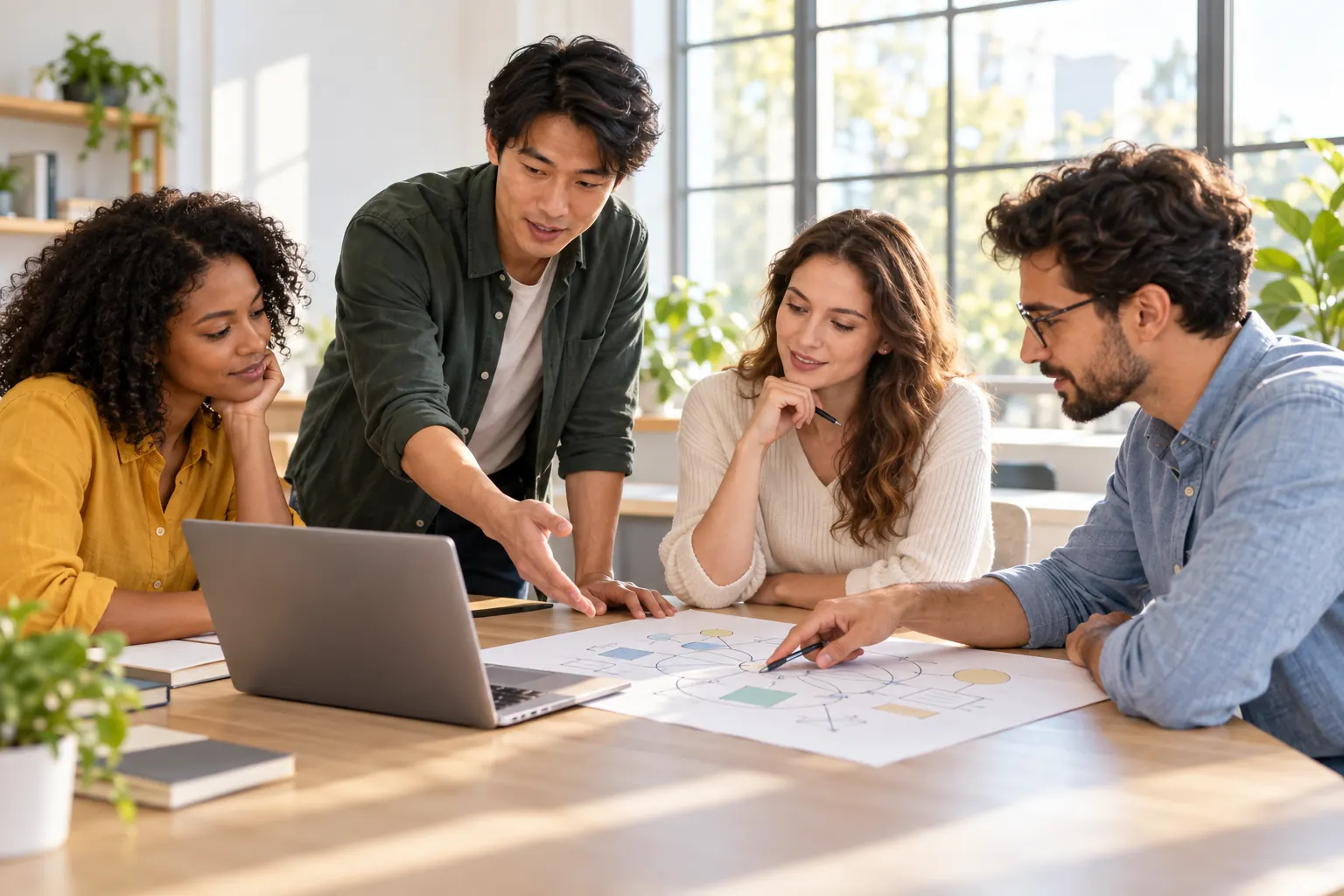 One coworker points at a paper diagram beside a laptop while three teammates lean in and listen.